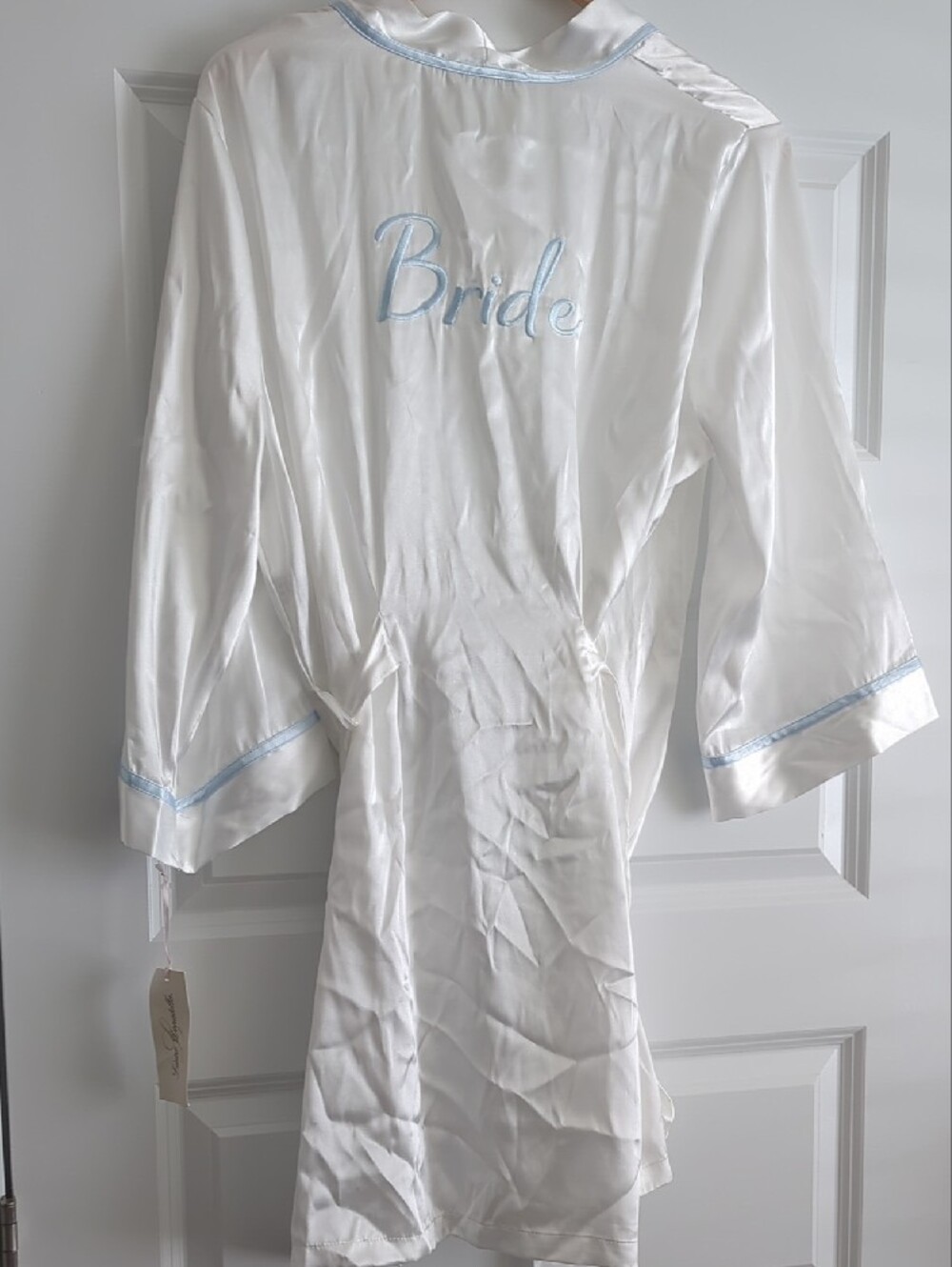 Linea Donatella Bride White Robe with Light Blue Trim NWOT P2P 24 L35